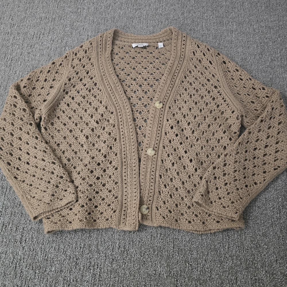 Vince XL Beige Cotton Crochet Button Up Cardigan Sweater Open Knit Coastal Boho